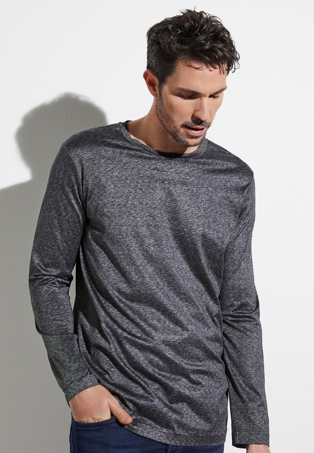 Cotton/Silk Stripes | T-Shirt langarm - schwarz