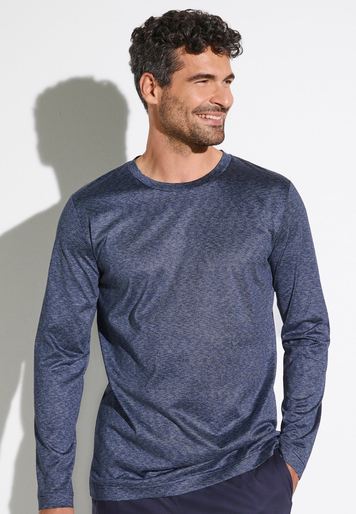 Cotton/Silk Stripes | T-Shirt Long Sleeve - navy