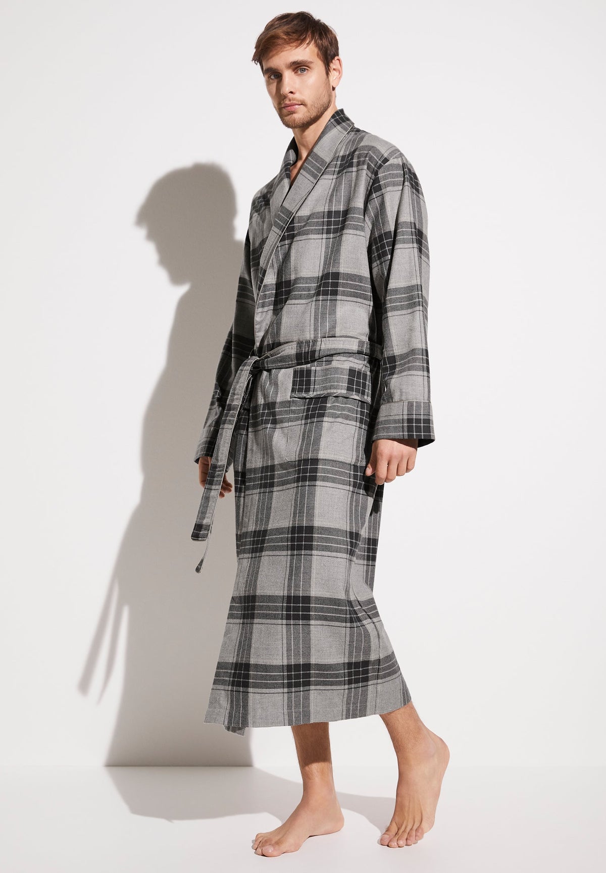 Cozy Flannel | Morgenmantel lang - grey check