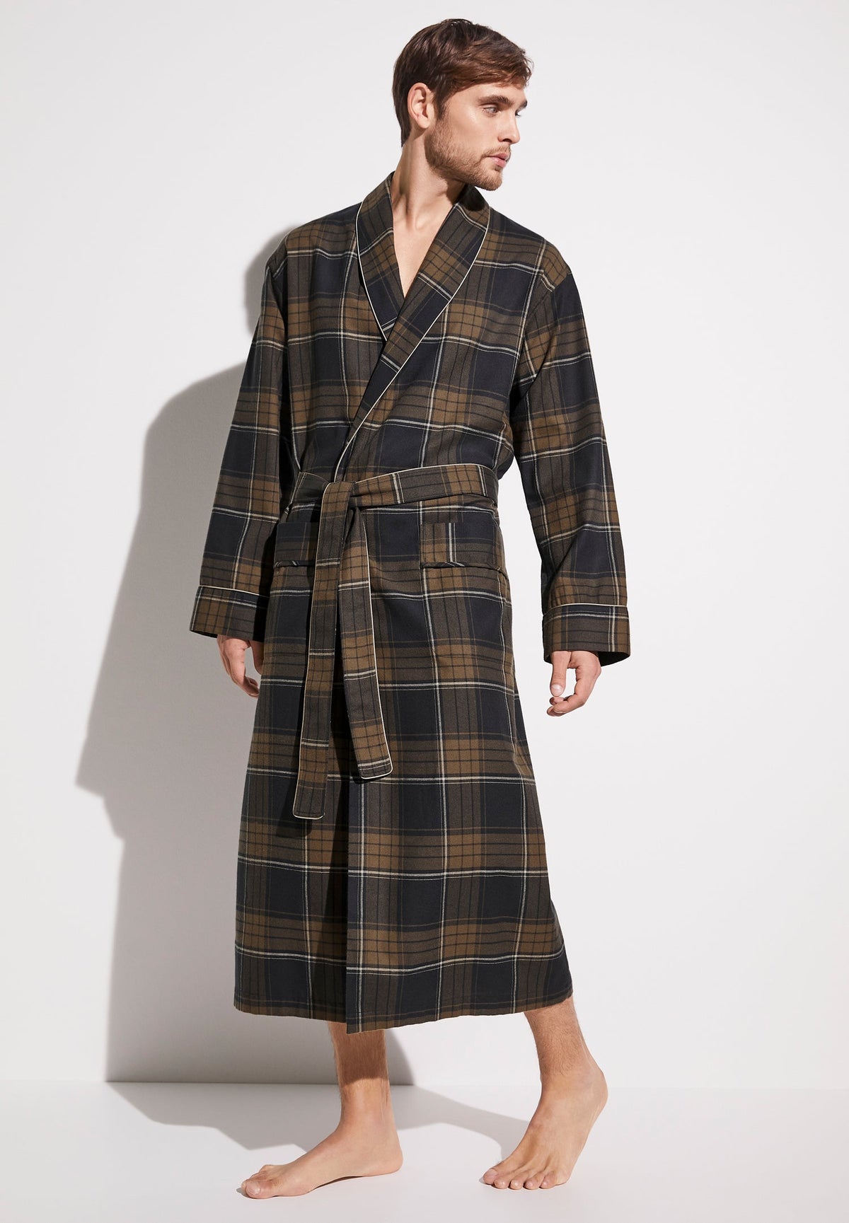 Cozy Flannel | Morgenmantel lang - navy check