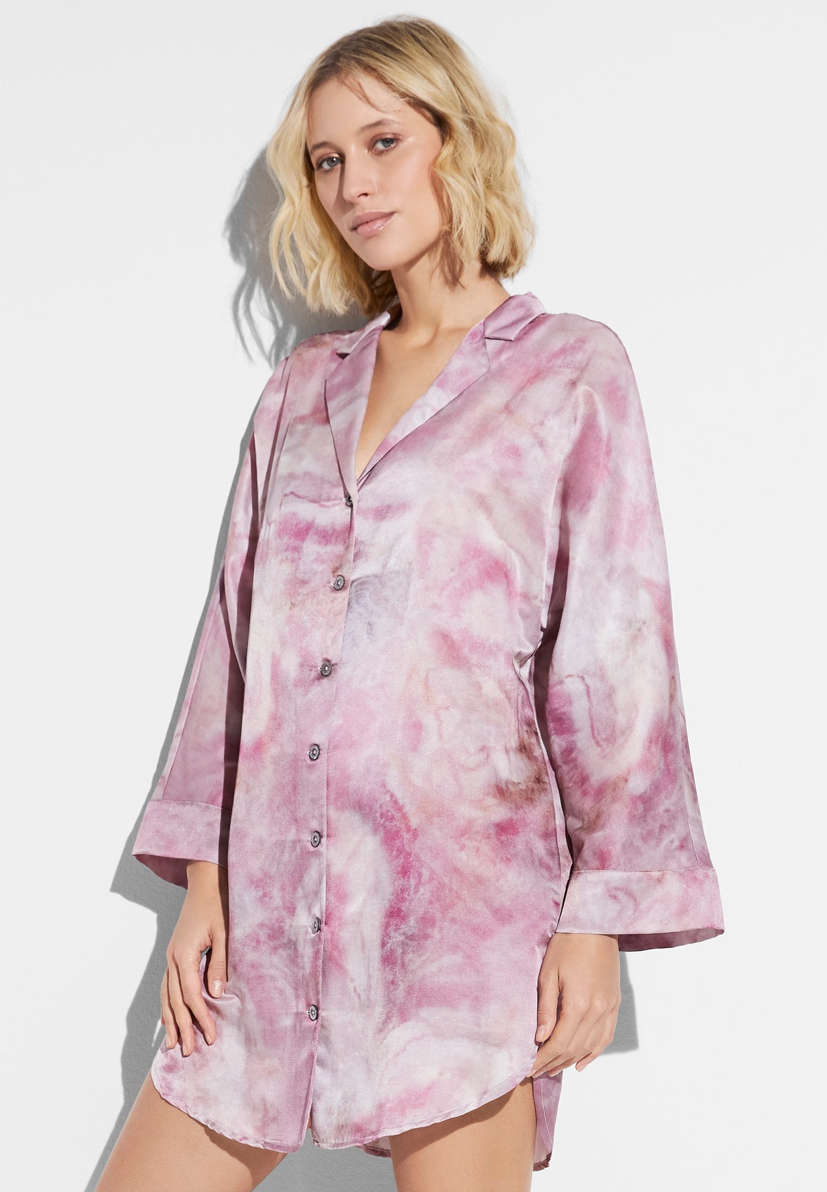 Cotton/Silk Print | Sleepshirt langarm - shades of marble