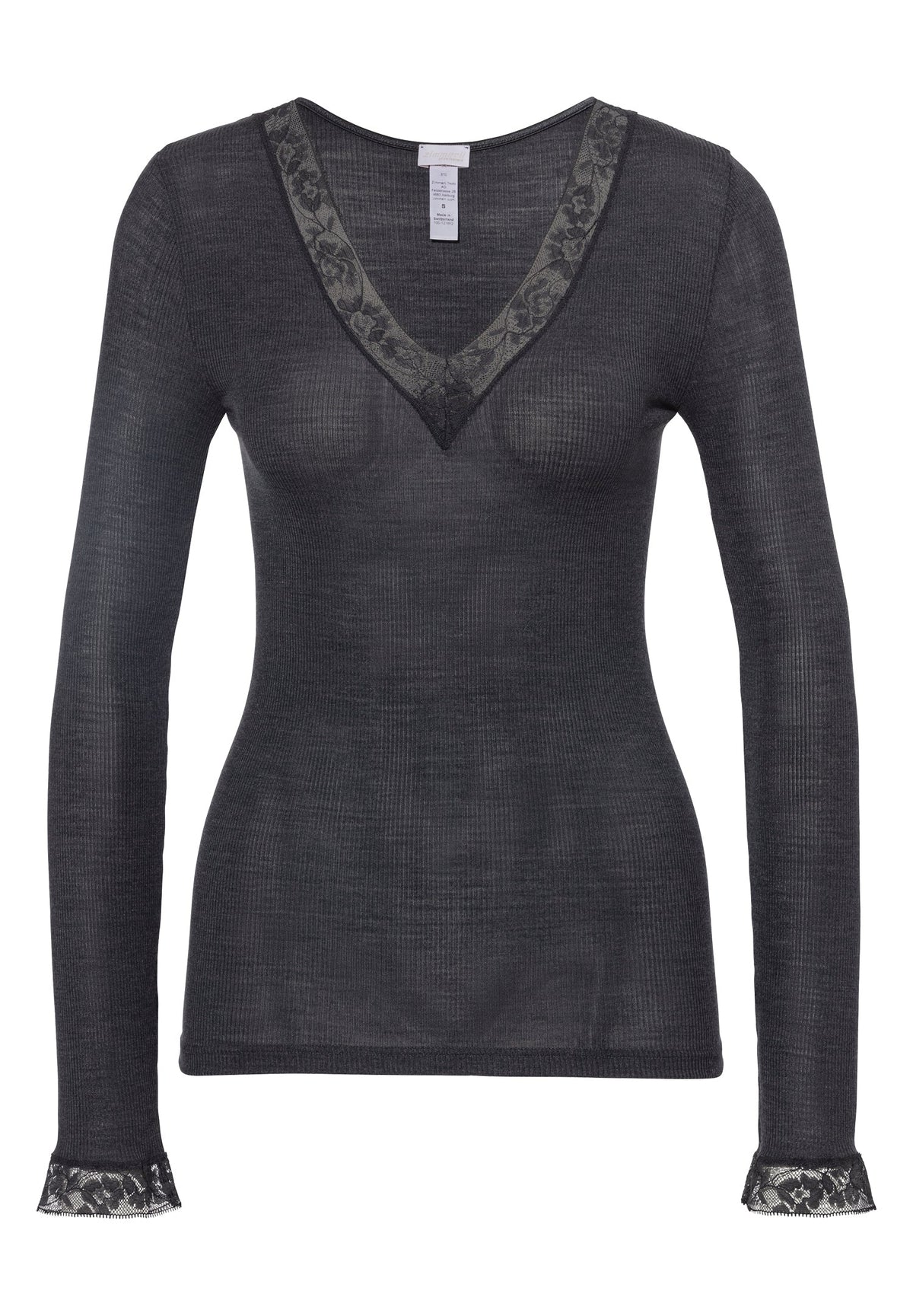 Wool &amp; Silk | T-Shirt Long Sleeve V-Neck - anthrazit