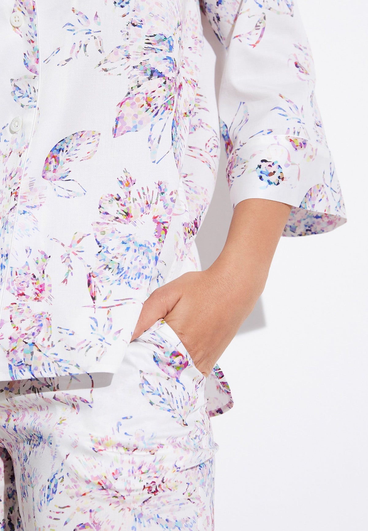 Cotton Sateen Print | Pyjama Cropped 3/4 Sleeve - pixel flowers