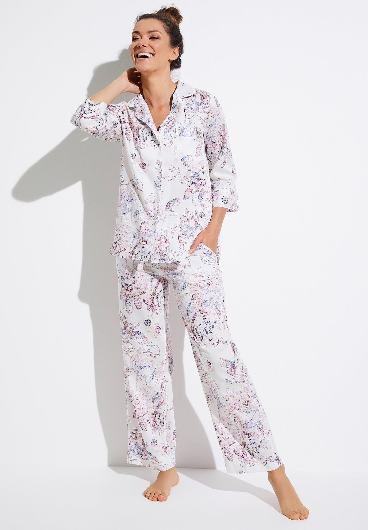 Cotton Sateen Print | Pyjama Cropped 3/4 Sleeve - pixel flowers