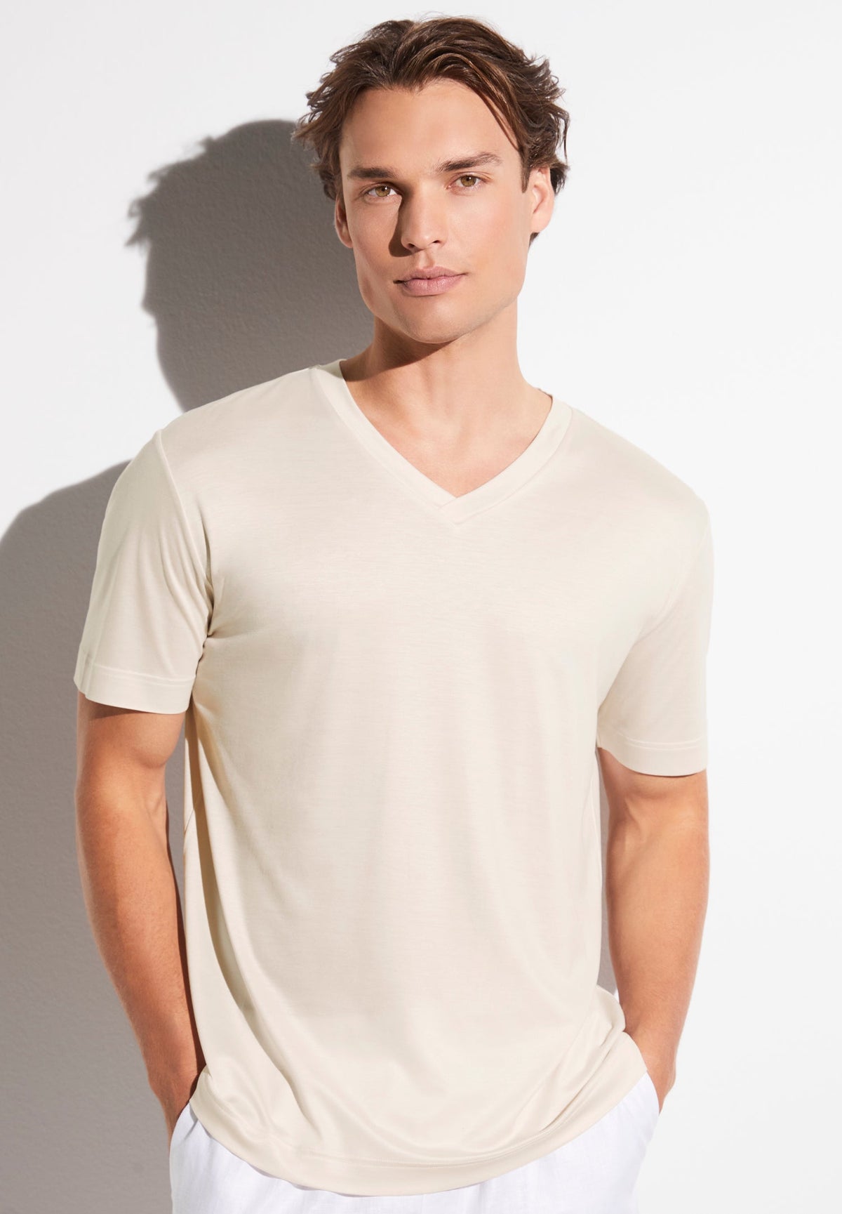 Sustainable Luxury | T-Shirt Short Sleeve V-Neck - almond latte