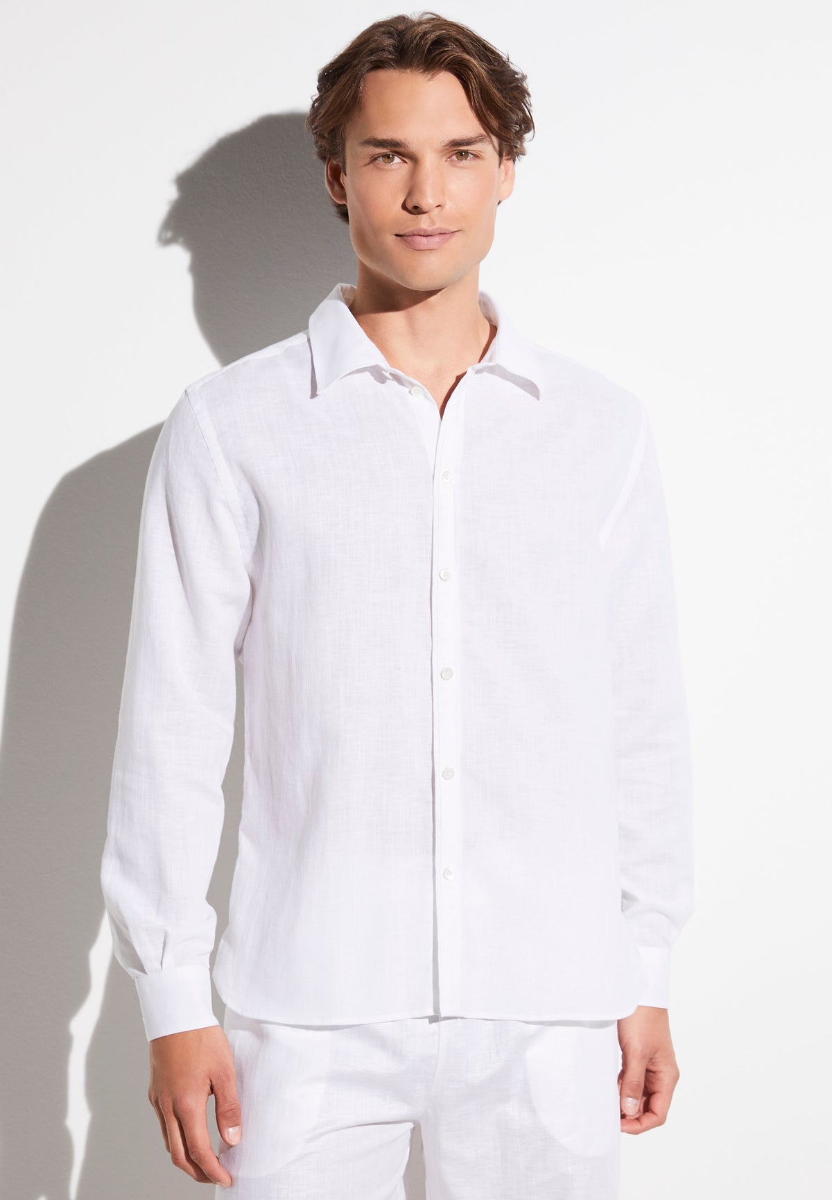 Linen Blend | Button Front Shirt Long Sleeve - white