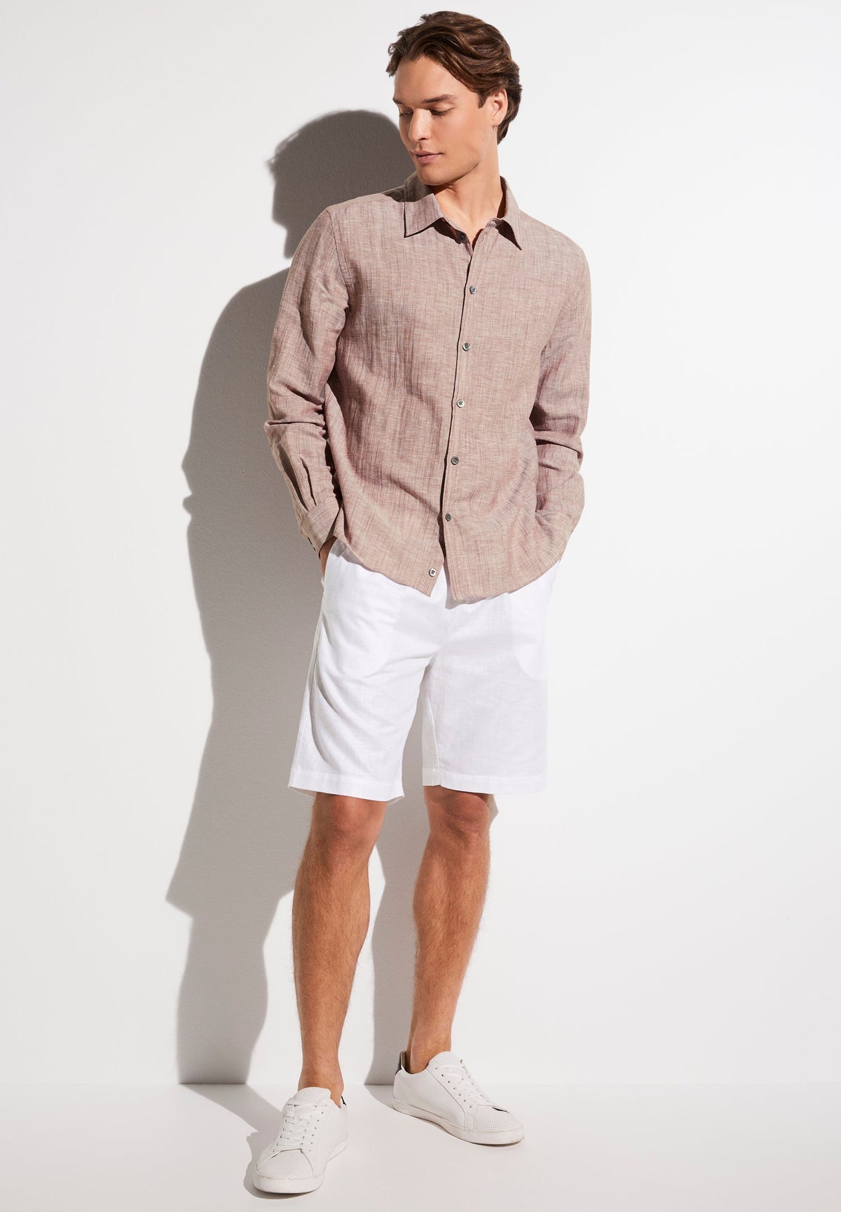 Linen Blend | Button Front Shirt Long Sleeve - red sand