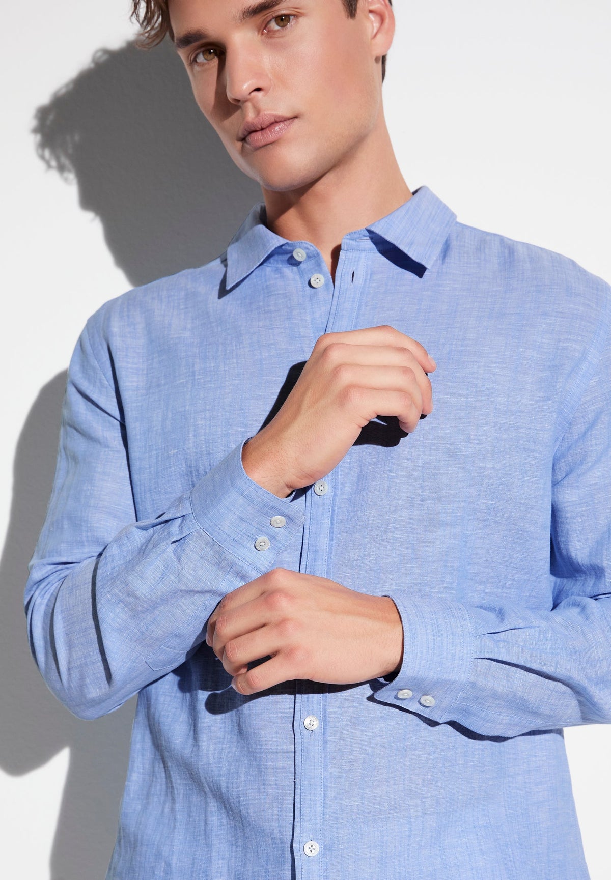 Linen Blend | Button Front Shirt Long Sleeve - sky blue