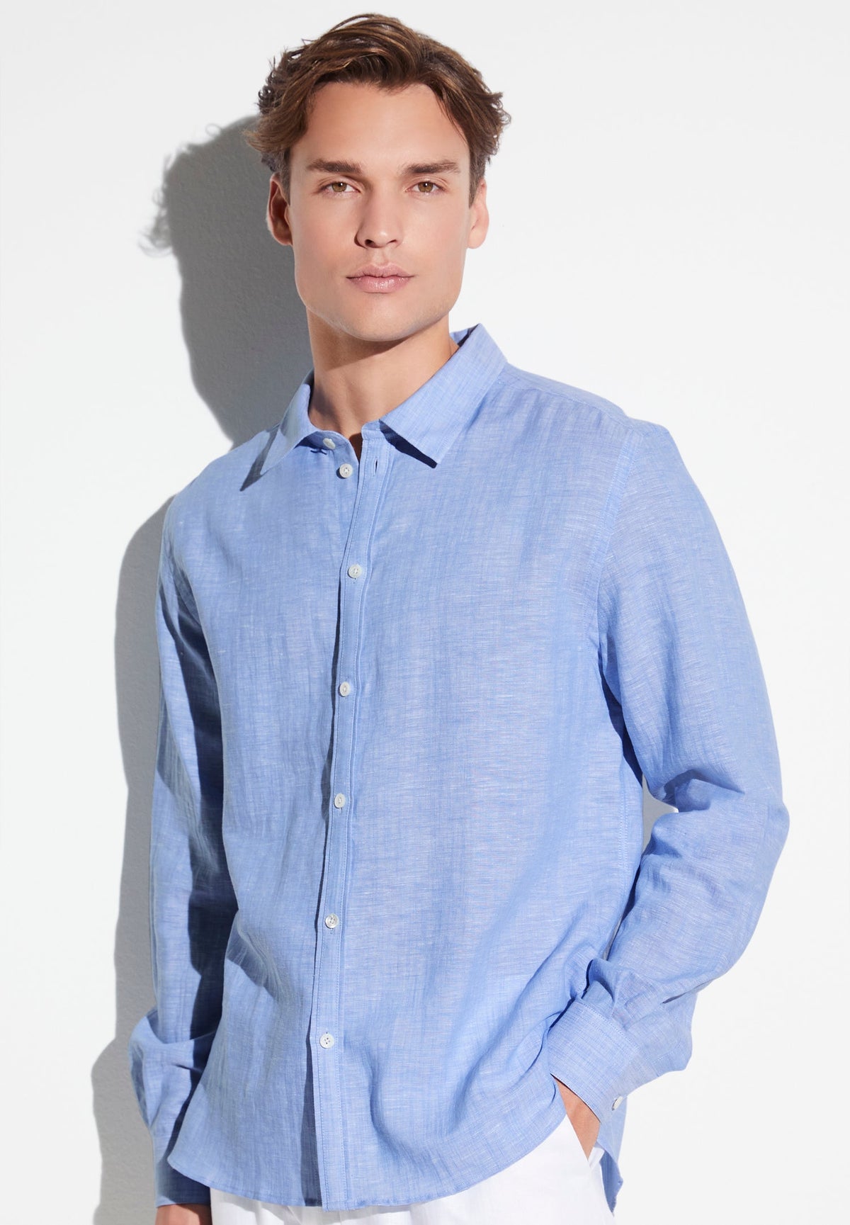 Linen Blend | Button Front Shirt Long Sleeve - sky blue